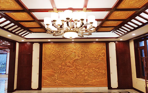 中式別墅客廳中式木作橫梁吊頂裝飾展示